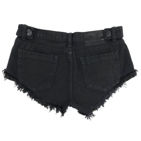 ONE TEASPOON No 2s Low Waist Jean Short Raw Curved Hem Black Denim Boho Grunge - Picture 6 of 10